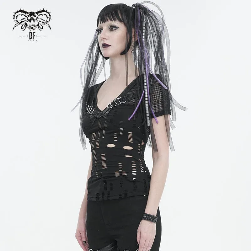 Gothic tiefes, zerrissenes Mesh-Shirt für Damen