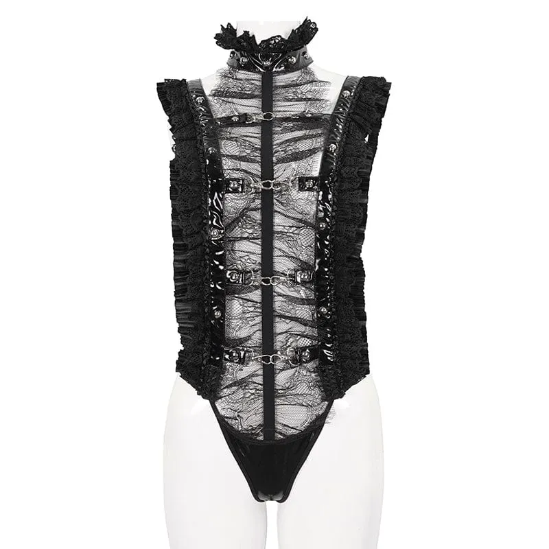 Damen-Gothic-Spitze-Dessous-Bodysuit mit Rüschen