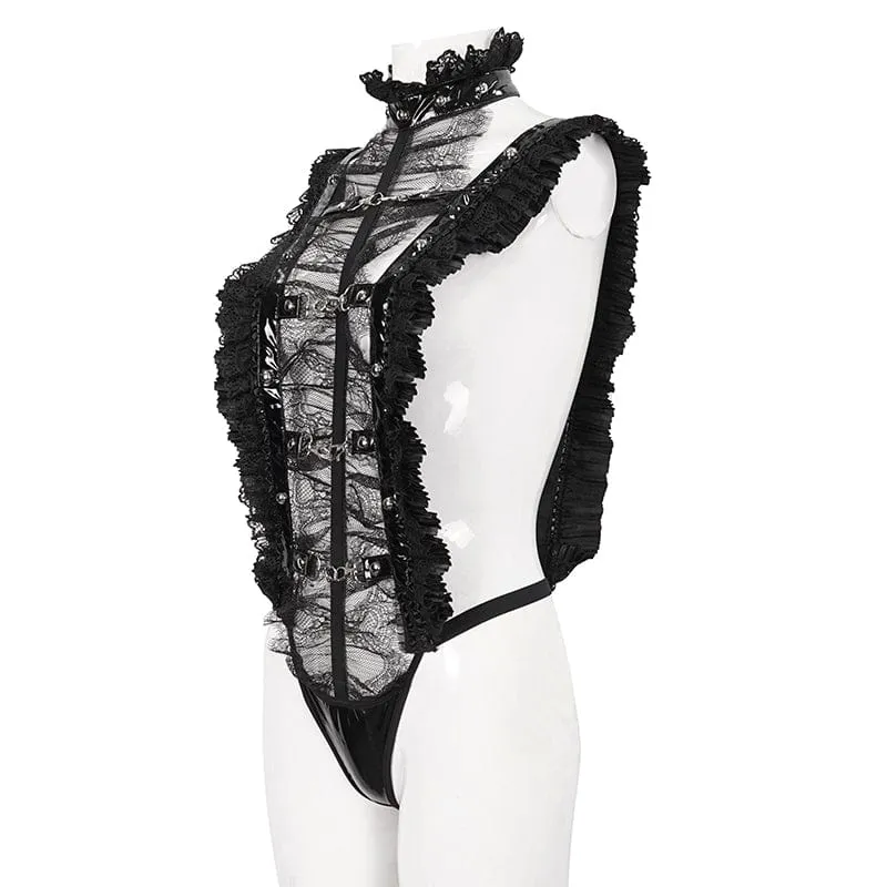 Damen-Gothic-Spitze-Dessous-Bodysuit mit Rüschen