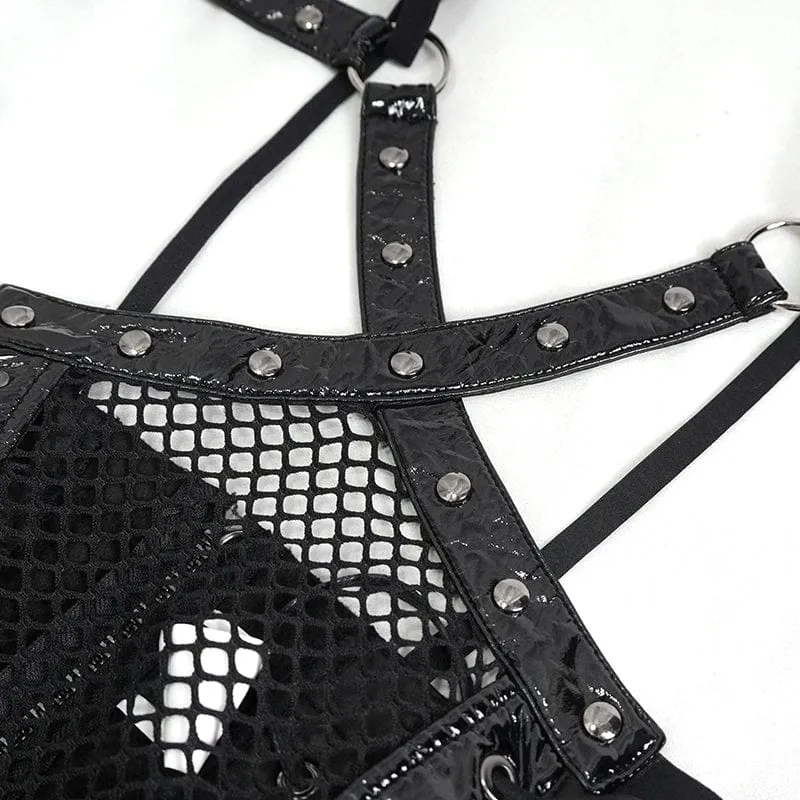 Gothic-Body aus gespleißtem Lackleder mit Nieten und Choker für Damen