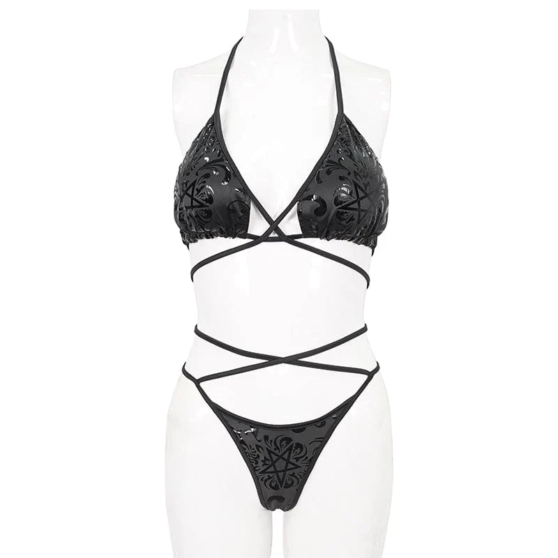 Gothic-Bikini mit Blumenmuster und Riemchen für Damen