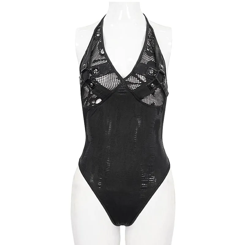 Gothic-Badeanzug mit tiefem Totenkopf und Mesh-Splice für Damen