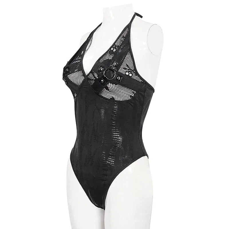 Gothic-Badeanzug mit tiefem Totenkopf und Mesh-Splice für Damen