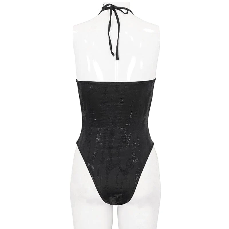 Gothic-Badeanzug mit tiefem Totenkopf und Mesh-Splice für Damen