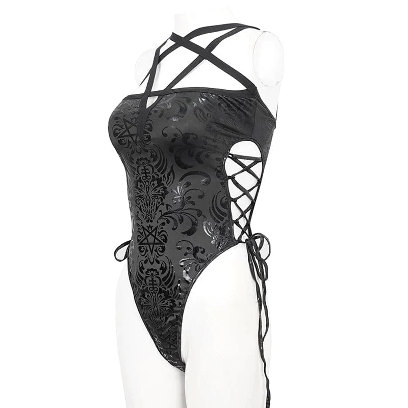 Gothic-Badeanzug mit Blumenmuster und Riemchen für Damen
