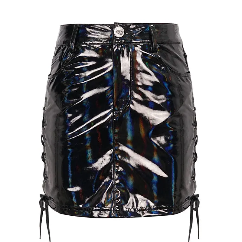 Damen Punk Riemchen Lackleder Rock