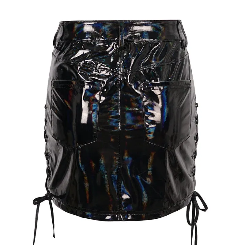 Damen Punk Riemchen Lackleder Rock