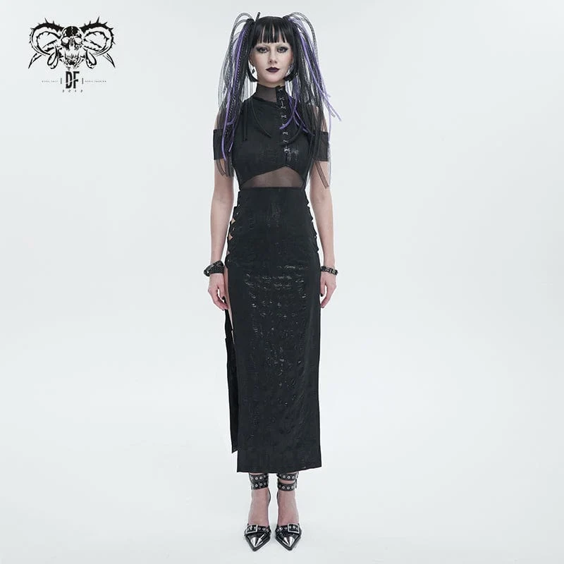 Gothic Off-Shoulder-Mesh-Splice-Split-Kleid für Damen