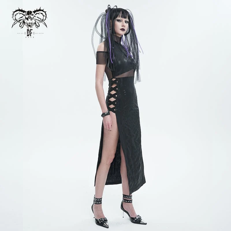 Gothic Off-Shoulder-Mesh-Splice-Split-Kleid für Damen