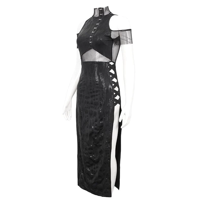 Gothic Off-Shoulder-Mesh-Splice-Split-Kleid für Damen