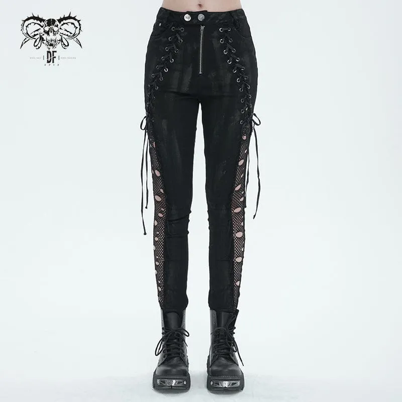 Damen Punk Strappy Mesh Splice Distressed Leggings