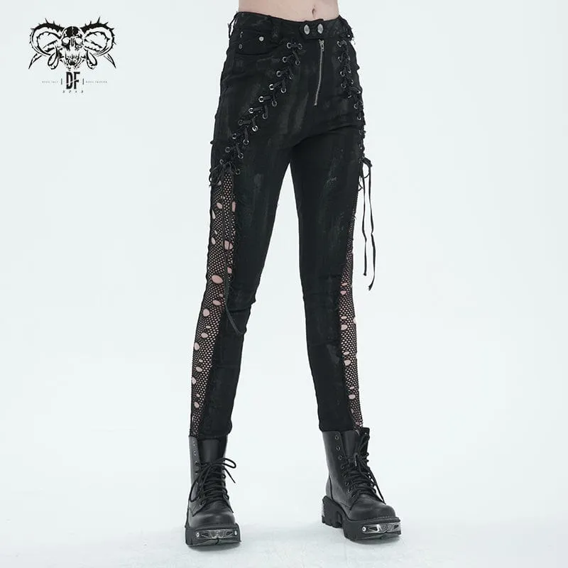 Damen Punk Strappy Mesh Splice Distressed Leggings