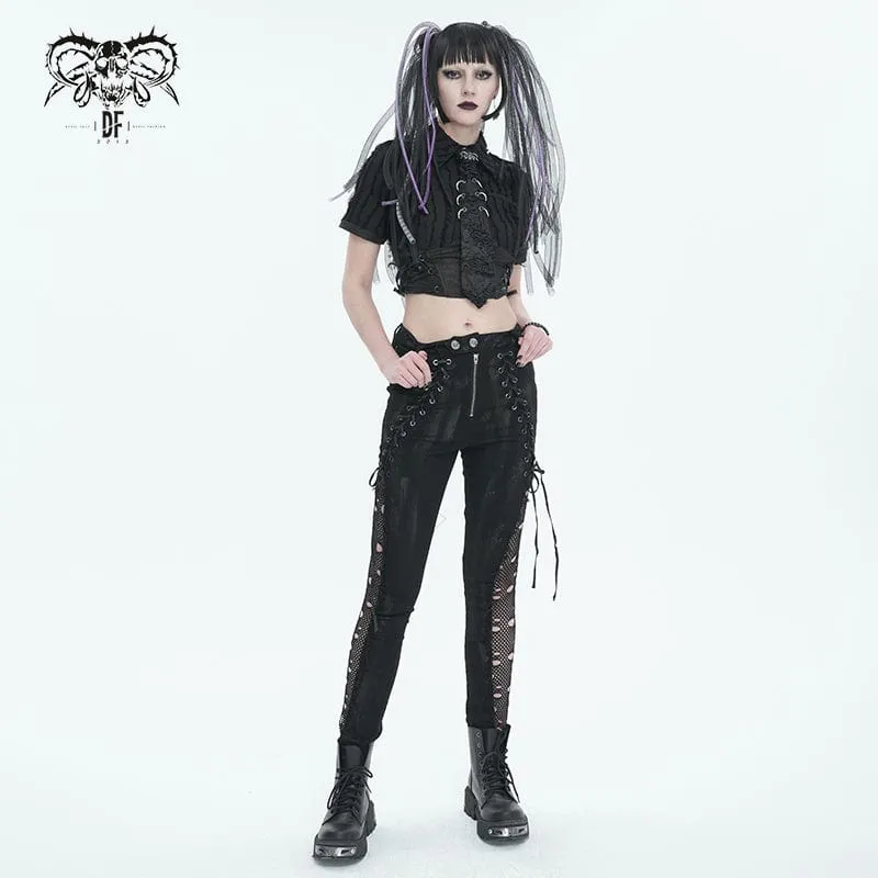 Damen Punk Strappy Mesh Splice Distressed Leggings