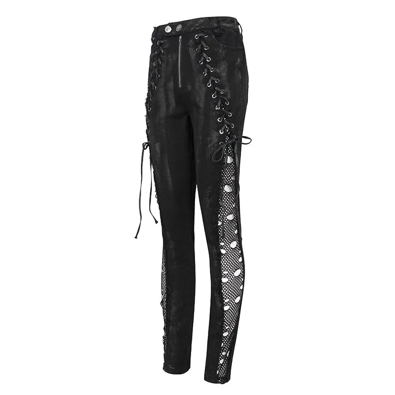Damen Punk Strappy Mesh Splice Distressed Leggings