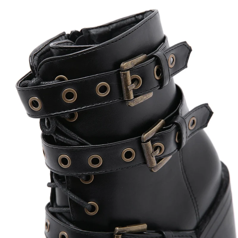Damen Punk Buckles Chunky Heel Stiefel