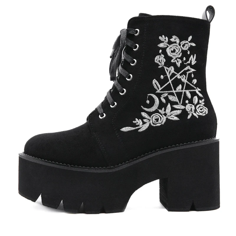 Damen Punk Blumen bestickte Plateaustiefel