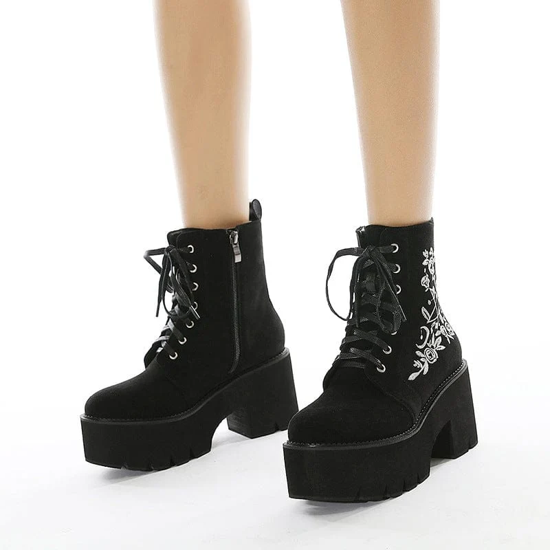 Damen Punk Blumen bestickte Plateaustiefel