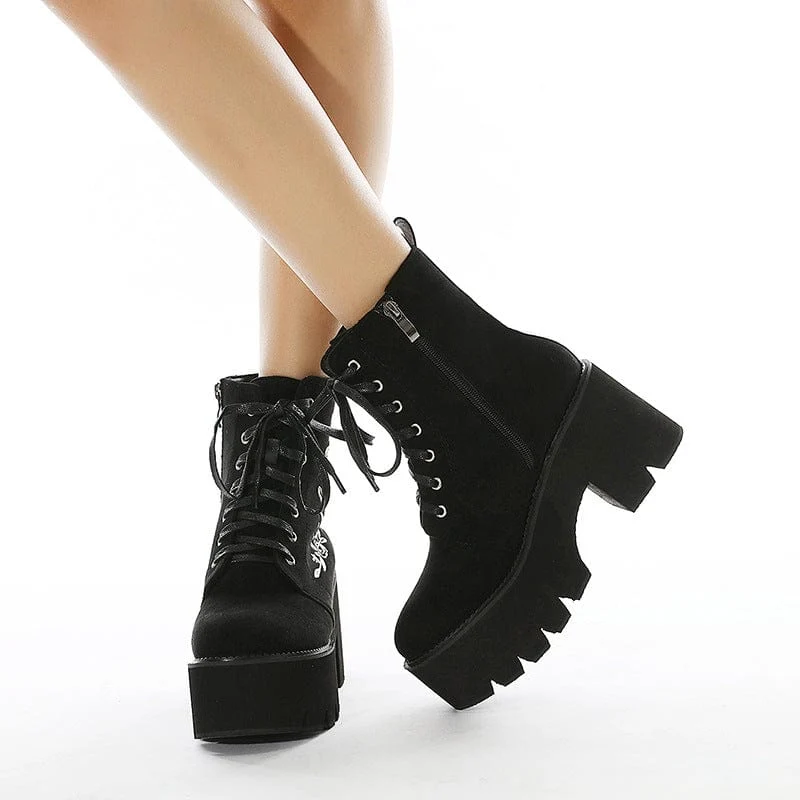 Damen Punk Blumen bestickte Plateaustiefel
