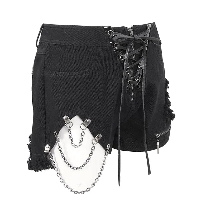 Damen-Punk-Riemchen-Shorts mit unregelmäßigen Rissen