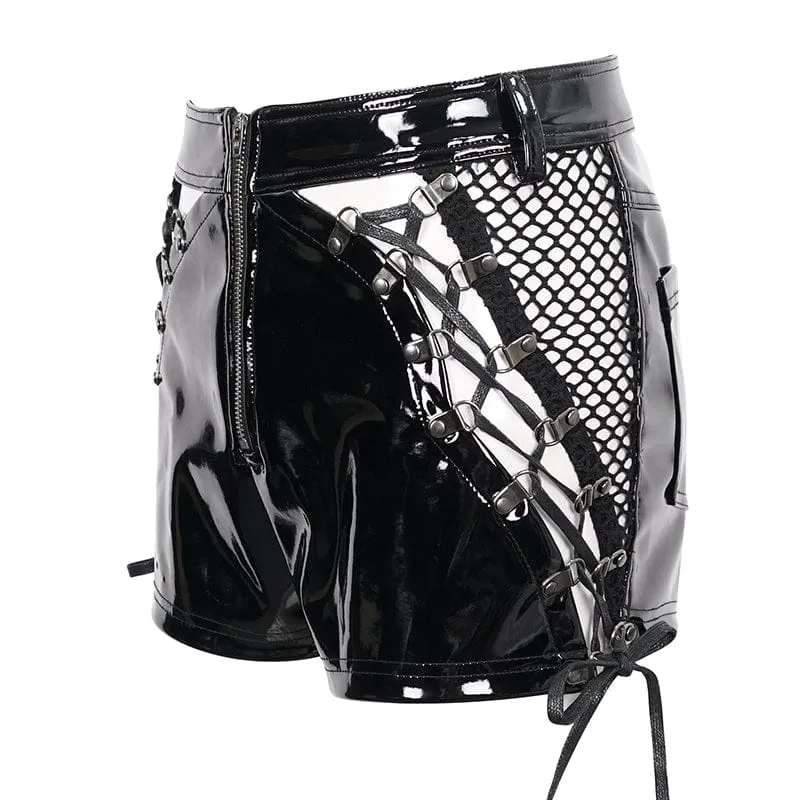 Damen Punk Mesh Splice Lackleder Shorts