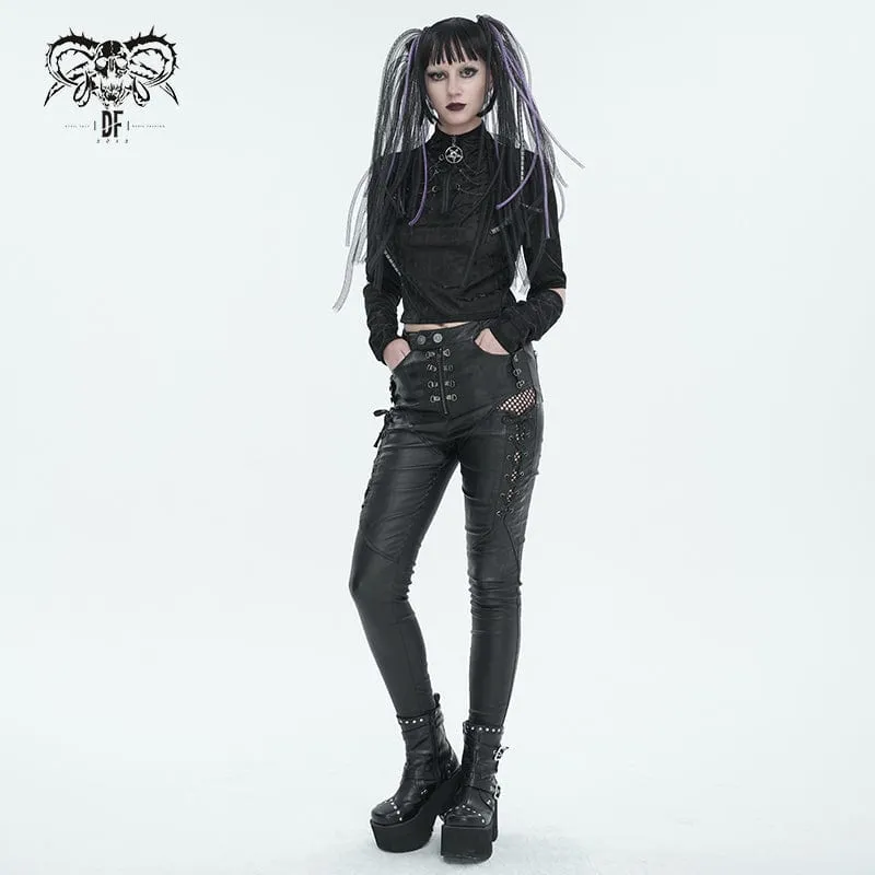 Damen-Punk-Riemchen-Mesh-Splice-Leggings