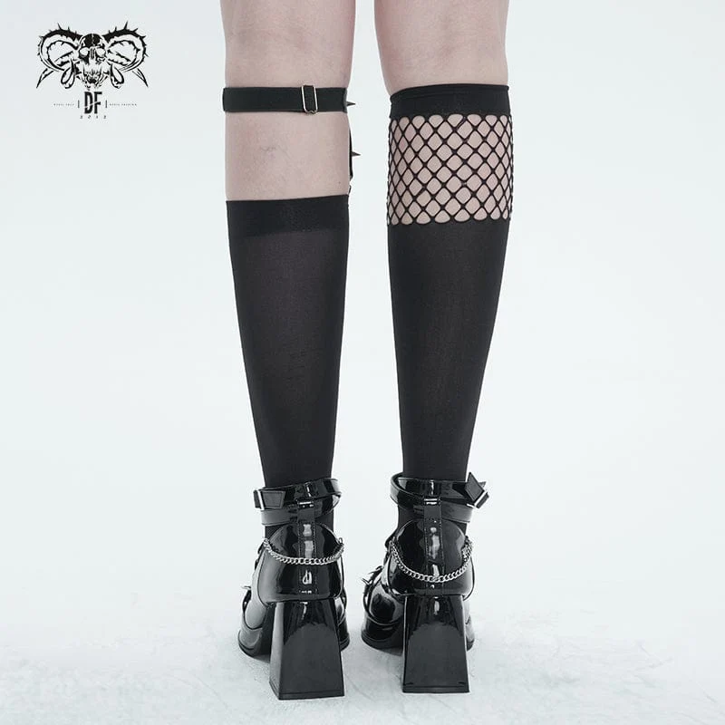 Damen Punk Asymmetrische Netzspleißsocken mit Strumpfband