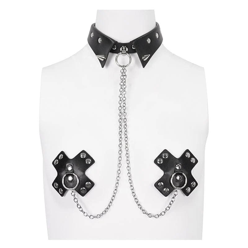 Gotischer Nietenketten-Halsband für Damen mit Brustbedeckungen