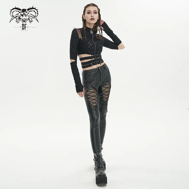 Gothic Crop Top mit gerüschten Trägern und gespleißtem Netzstoff für Damen