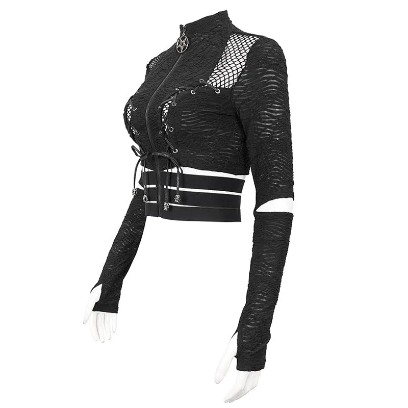 Gothic Crop Top mit gerüschten Trägern und gespleißtem Netzstoff für Damen