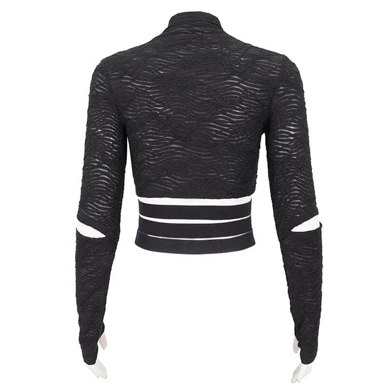 Gothic Crop Top mit gerüschten Trägern und gespleißtem Netzstoff für Damen