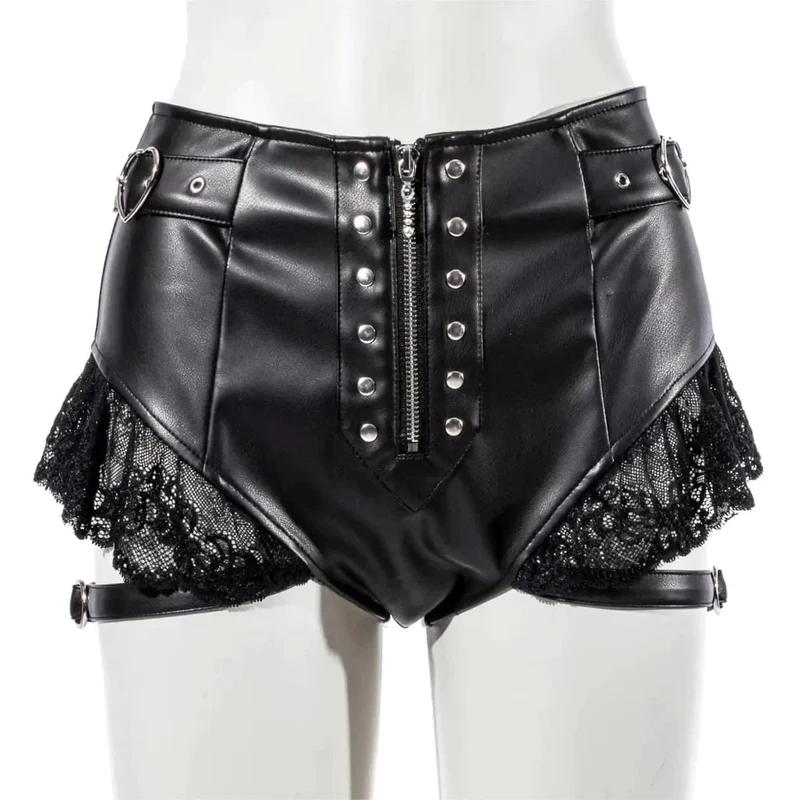 Damen Punk Lace Splice Kunstleder Shorts