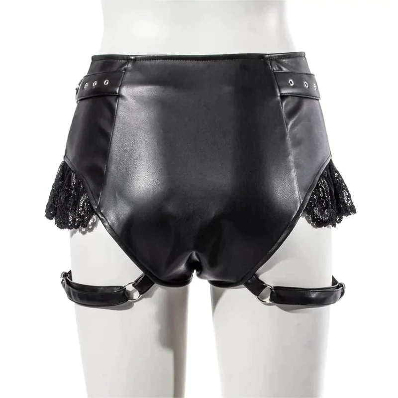 Damen Punk Lace Splice Kunstleder Shorts