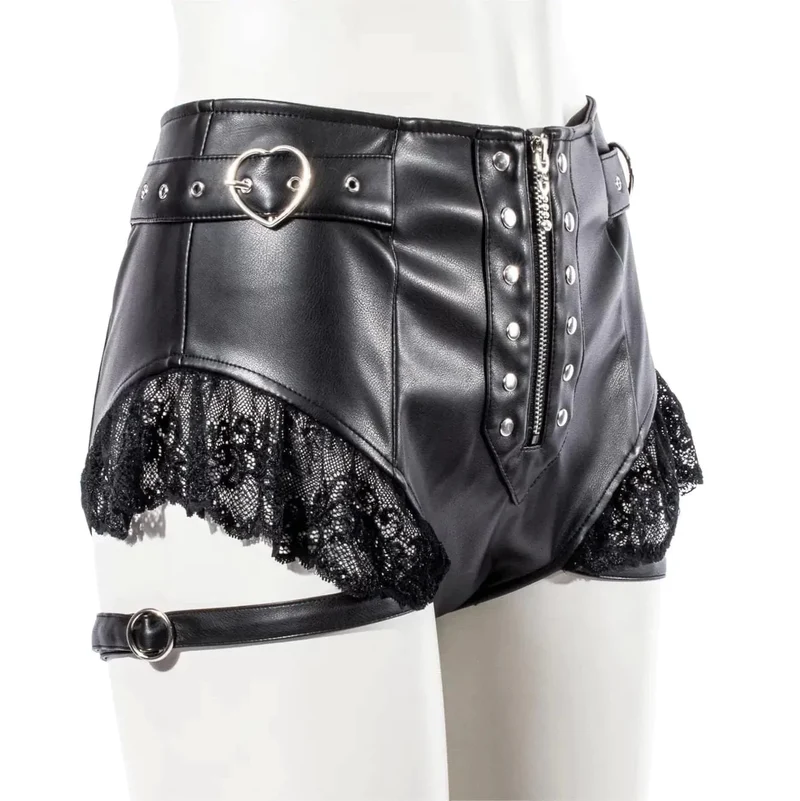 Damen Punk Lace Splice Kunstleder Shorts