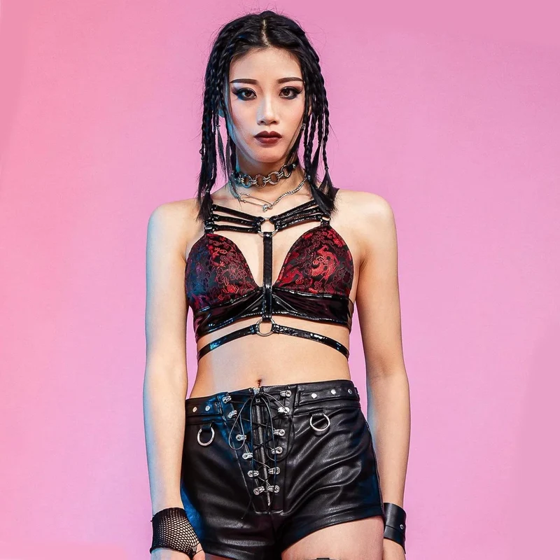 Damen Gothic Blumen Bustier mit bestickten Trägern