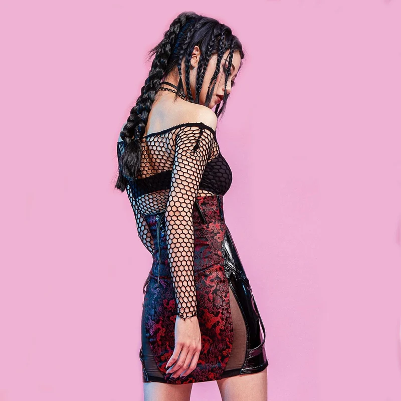 Gotischer Hosenträgerrock aus Mesh mit Blumenstickerei für Damen