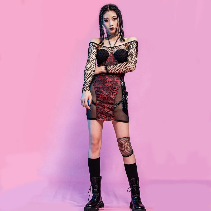 Gotischer Hosenträgerrock aus Mesh mit Blumenstickerei für Damen