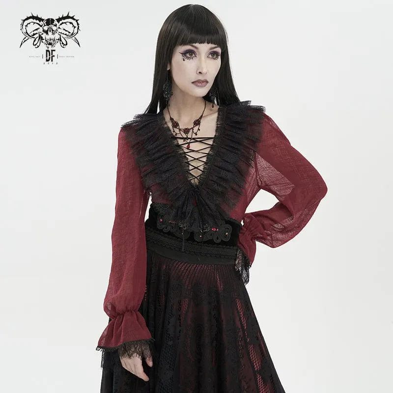 Damen Gothic Tiefer Rüschen Sheer Shirt Rot