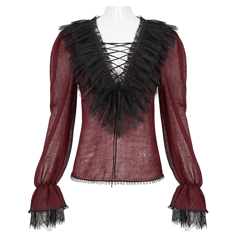 Damen Gothic Tiefer Rüschen Sheer Shirt Rot