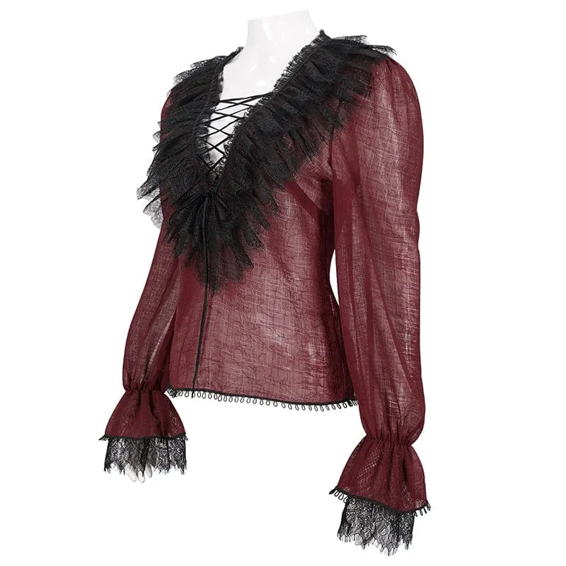 Damen Gothic Tiefer Rüschen Sheer Shirt Rot