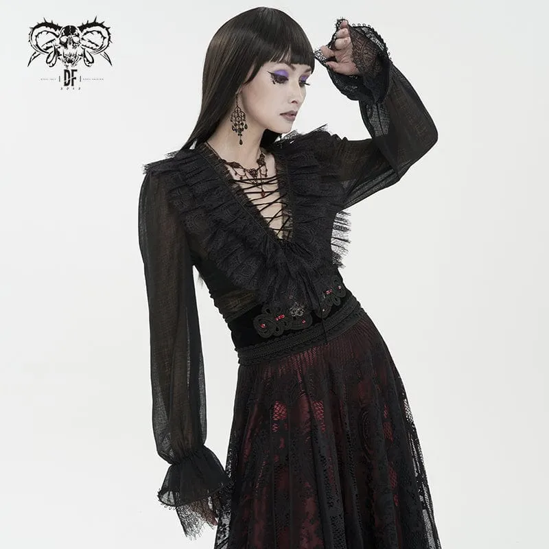 Damen Gothic Tiefer Rüschen Sheer Shirt Schwarz