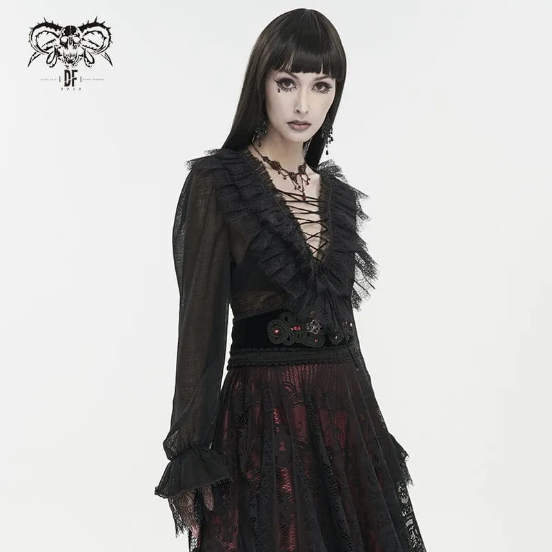 Damen Gothic Tiefer Rüschen Sheer Shirt Schwarz