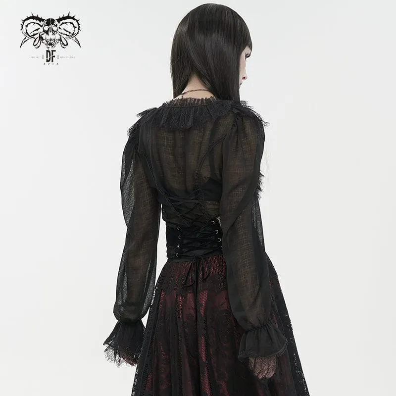 Damen Gothic Tiefer Rüschen Sheer Shirt Schwarz
