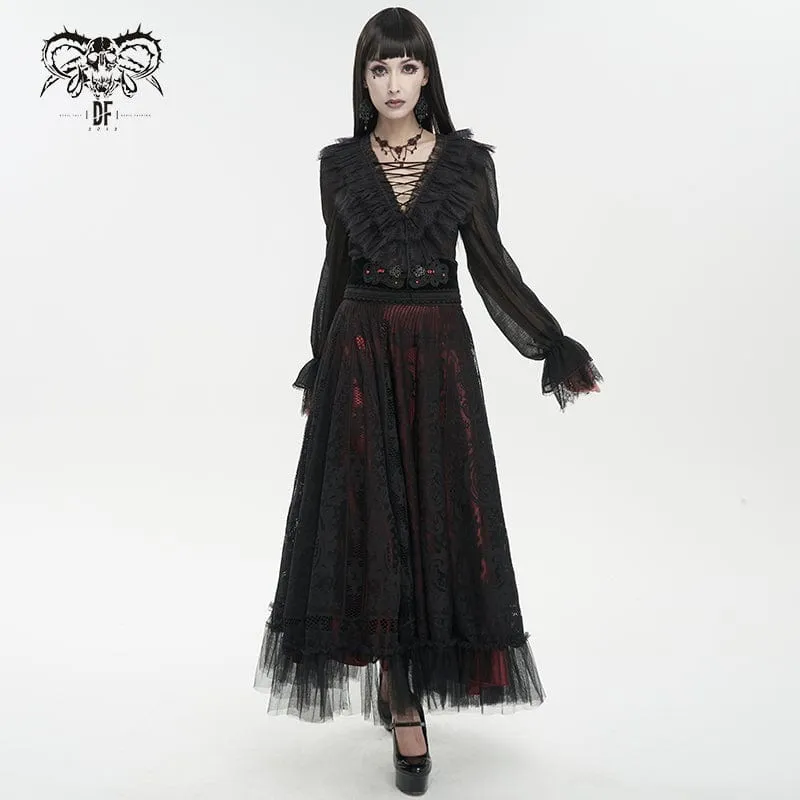 Damen Gothic Tiefer Rüschen Sheer Shirt Schwarz