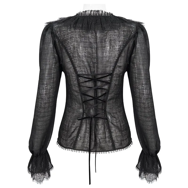 Damen Gothic Tiefer Rüschen Sheer Shirt Schwarz