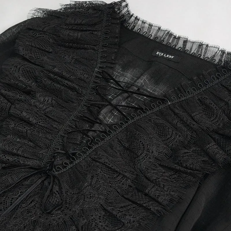 Damen Gothic Tiefer Rüschen Sheer Shirt Schwarz