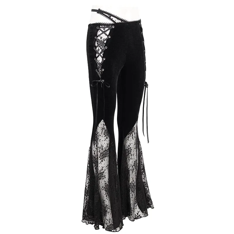 Gothic Lace Splice Samt Schlaghose für Damen