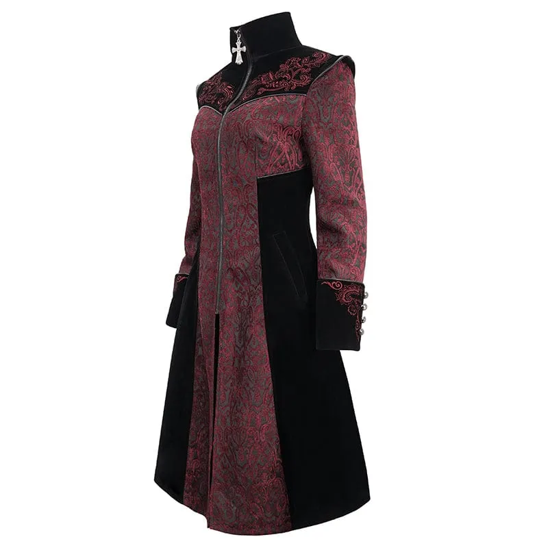 Damen Gothic Stehkragen Floral bestickter Mantel Rot