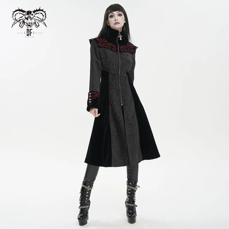 Damen Gothic Stehkragen Floral bestickter Mantel Schwarz
