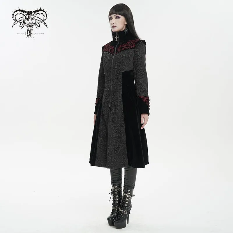 Damen Gothic Stehkragen Floral bestickter Mantel Schwarz