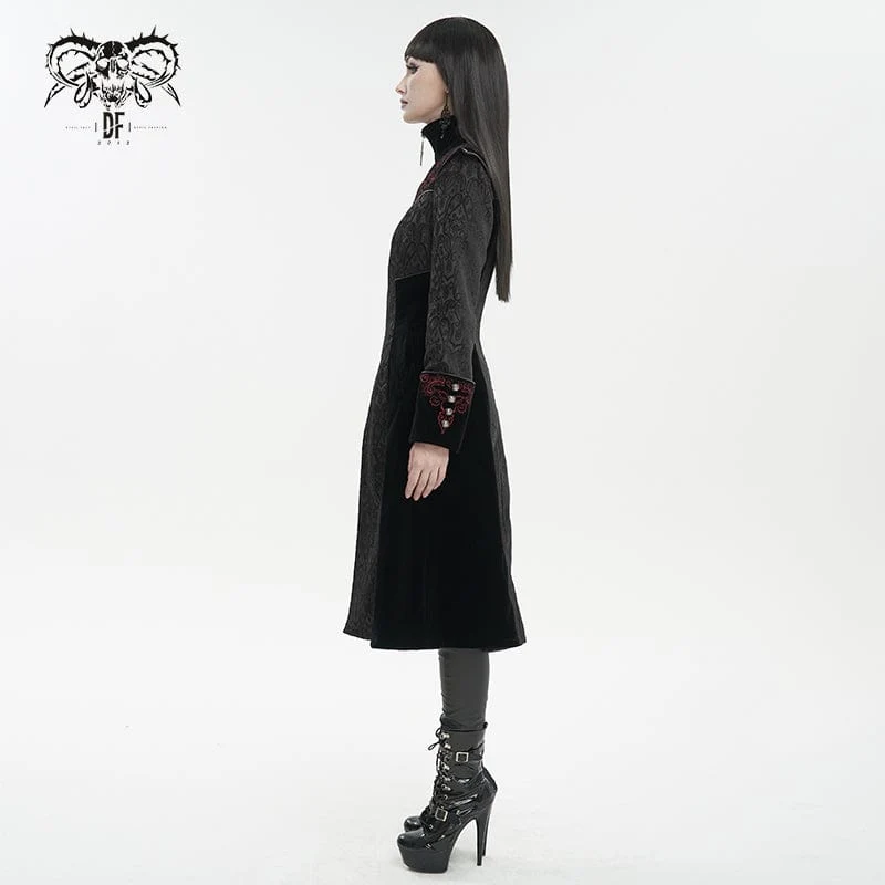 Damen Gothic Stehkragen Floral bestickter Mantel Schwarz
